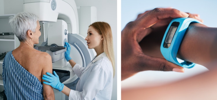 Image of a woman getting a mamogram and an image of a fitness tracker on a wrist.