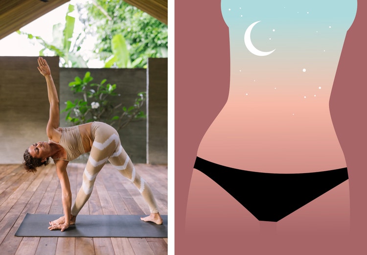 Two images, one of a woman doing yoga and one an illustration of a womens torso.