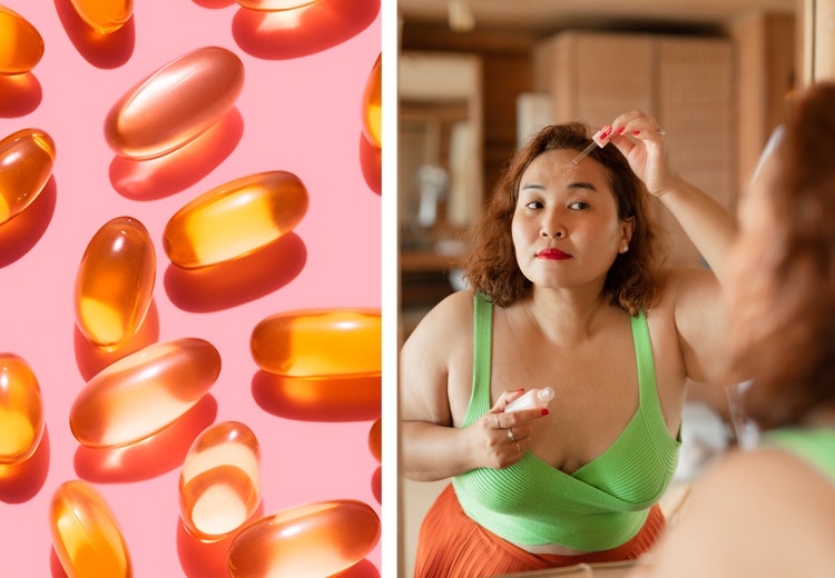 Image of pills and one image of a woman applying drops to her skin.