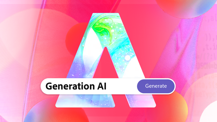 Otherworldly rainbow colours with an Adobe A logo and Adobe Firefly generation type box