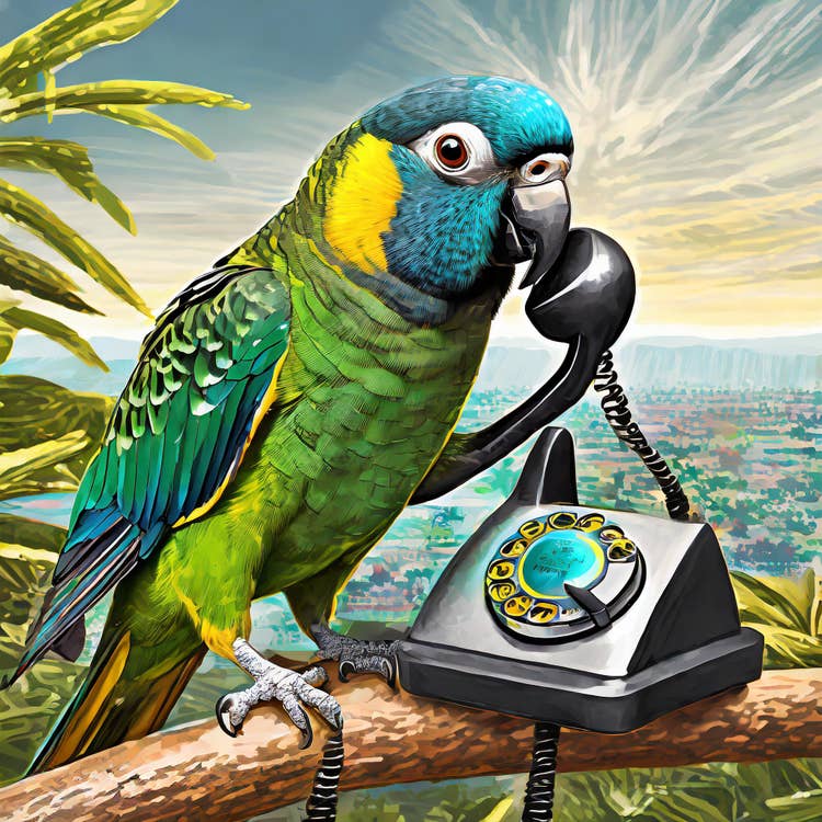 Bird talking on a phone.