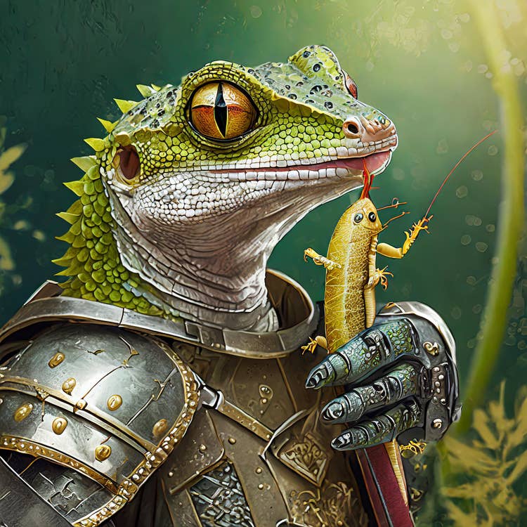 Bearded dragon wearing a knight suit.