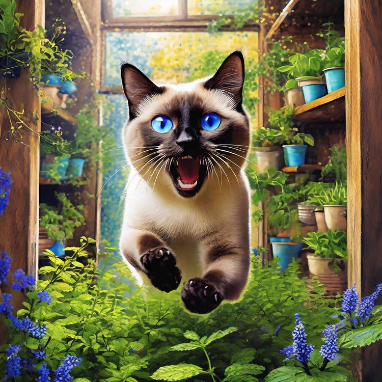 Cat runing through plants with it's mouth open.