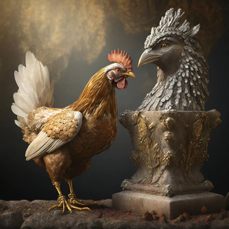 Chicken by a statue.