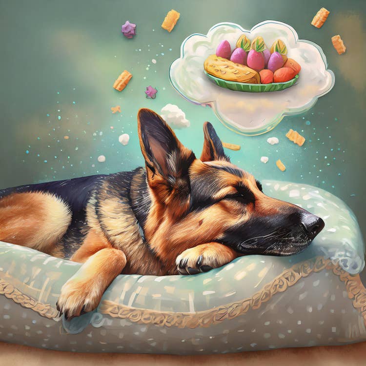 Dog laying in a bed dreaming of a plate of food.