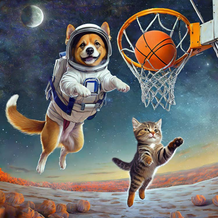 Cat with a D\dog in space suit playing basketball.