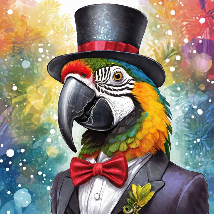 Bird wearing a top hat and weating a tux.