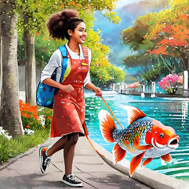 Girl walking a fish on a leash.