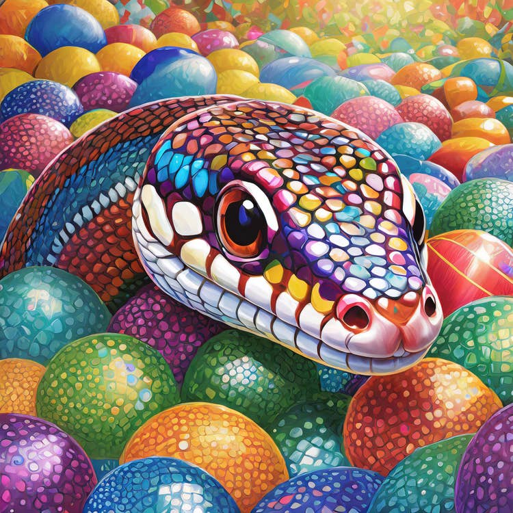 Snake in a pit of colorful balls.