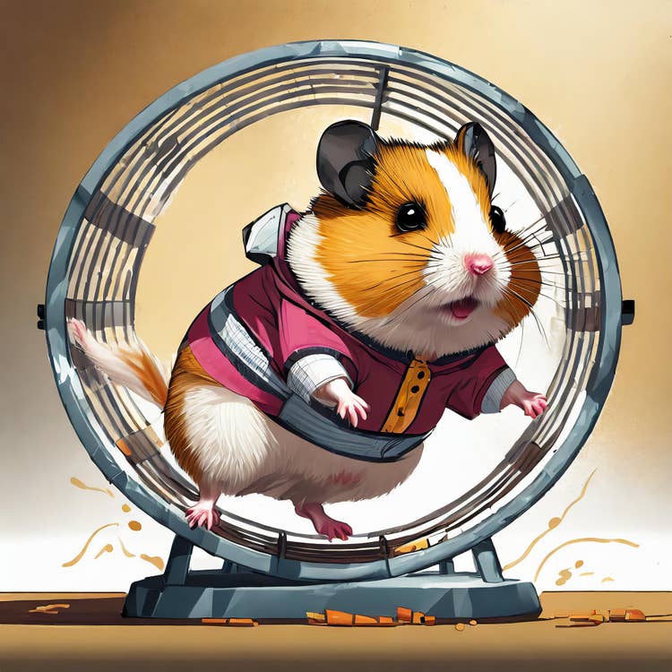 Hamster wearing clothes on a hampster wheel.