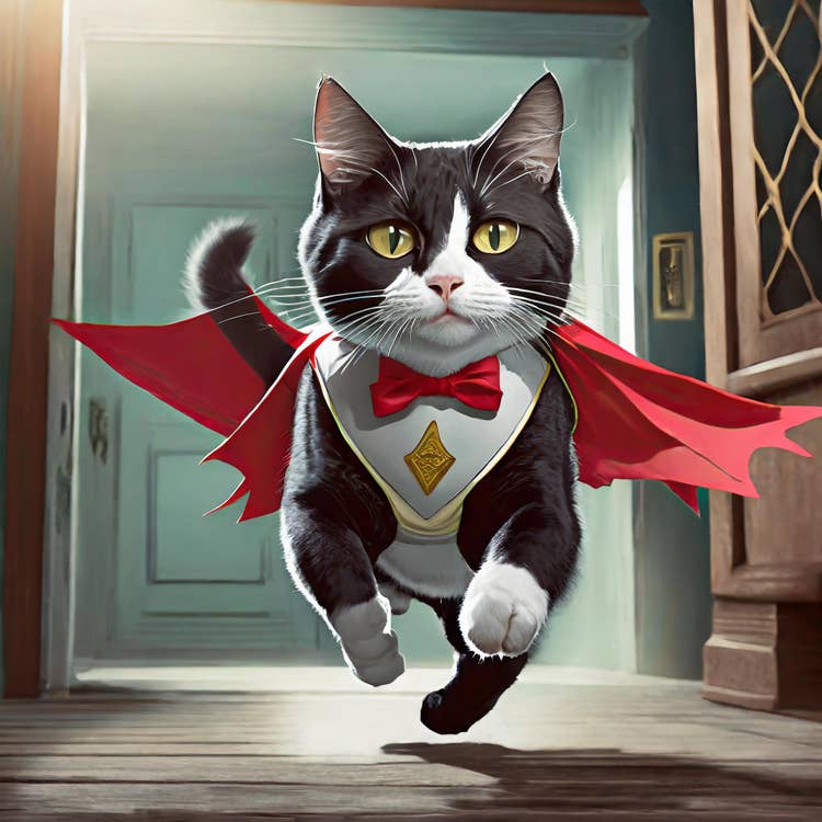 Cat running wearing a cape.