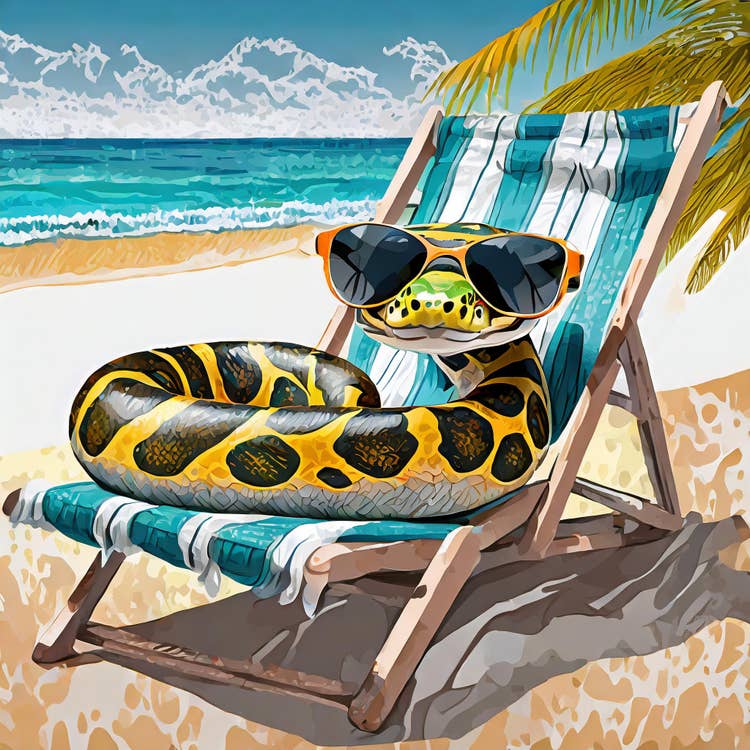 Sanke on a beach chair by the ocean.