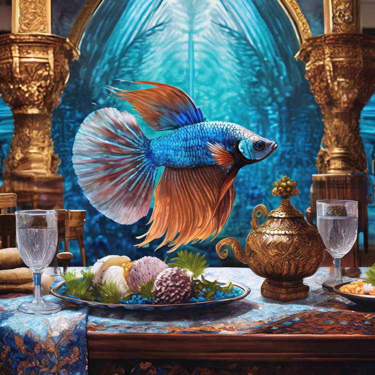 Fish swimming over a table of food.