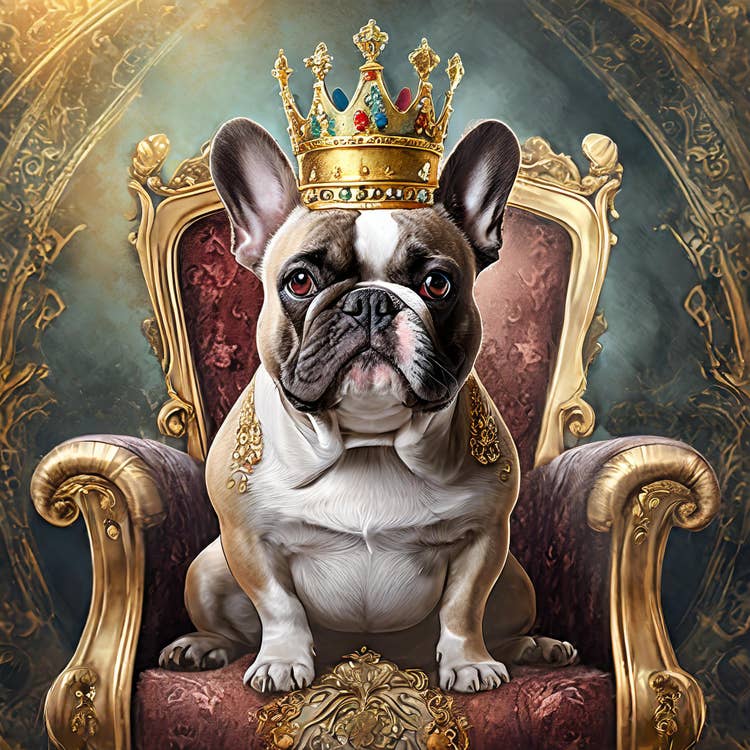 Dog wearing a crown sitting on a throne.