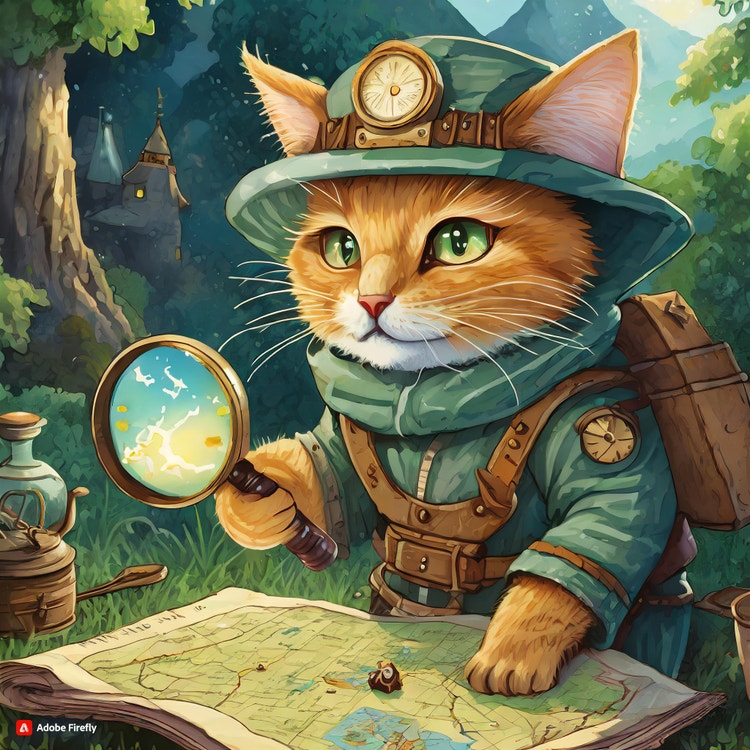 Cat dressed up holding a magnifying glass.