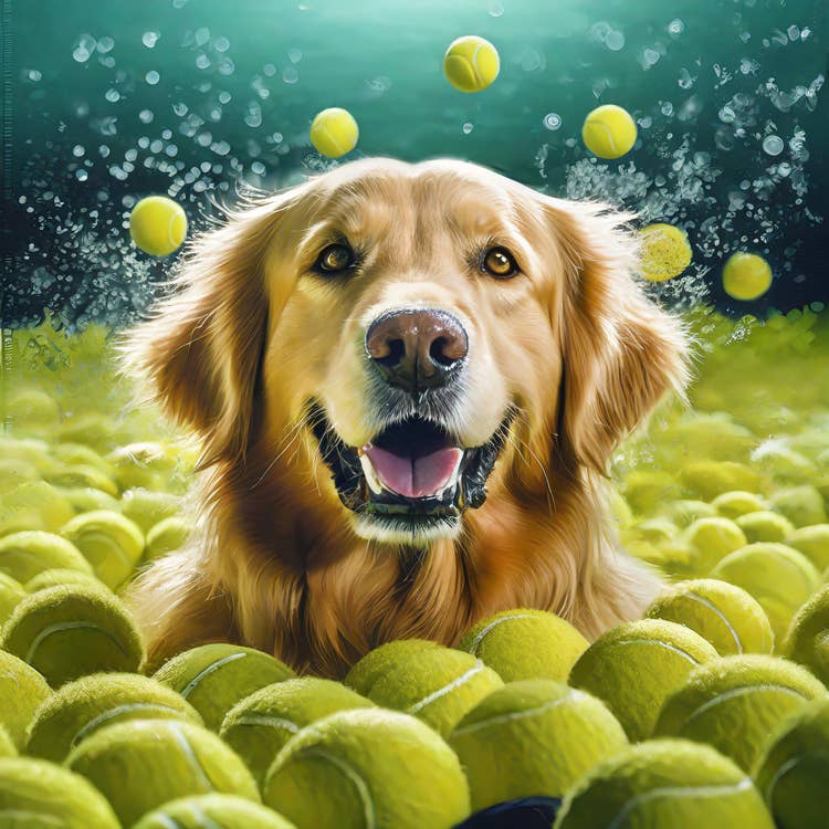 Golden retriever in a pile of tennis balls.