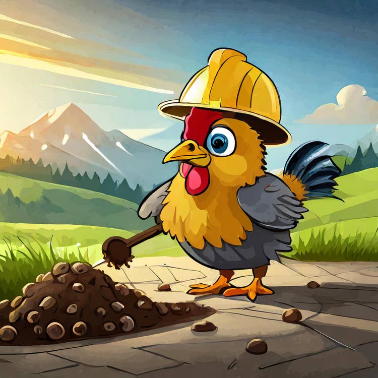 Chicken wearing a hard hat.