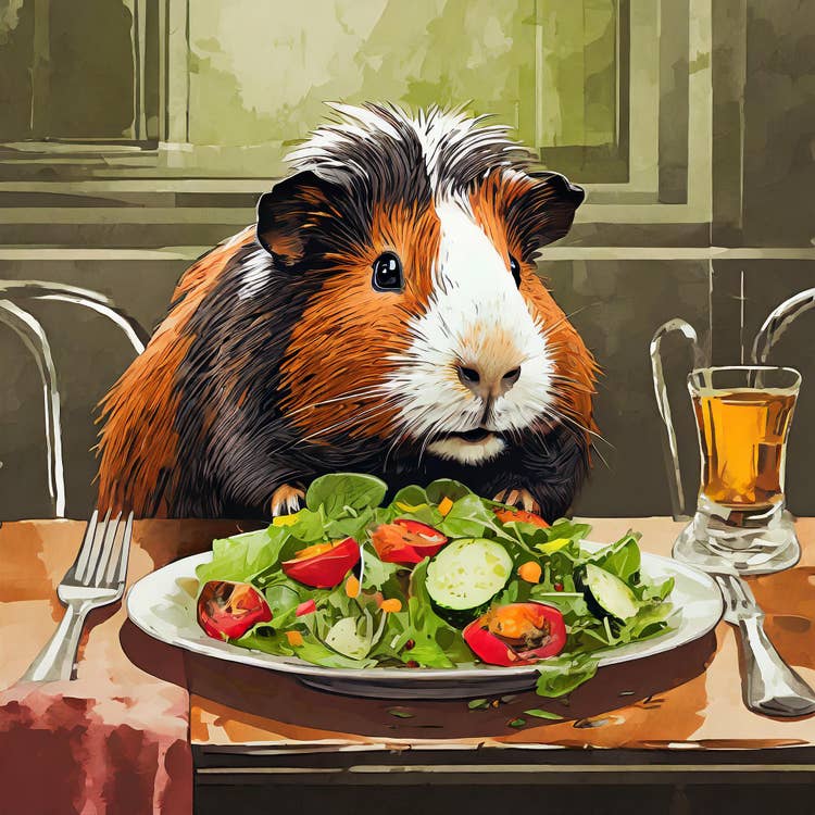 Hampster in front of a plate of salad.