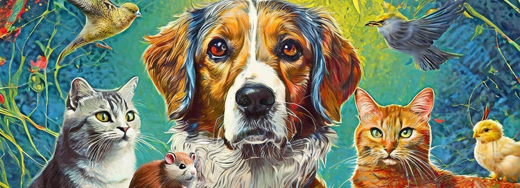 Image of a cat, hamster, dog, birds and chick.