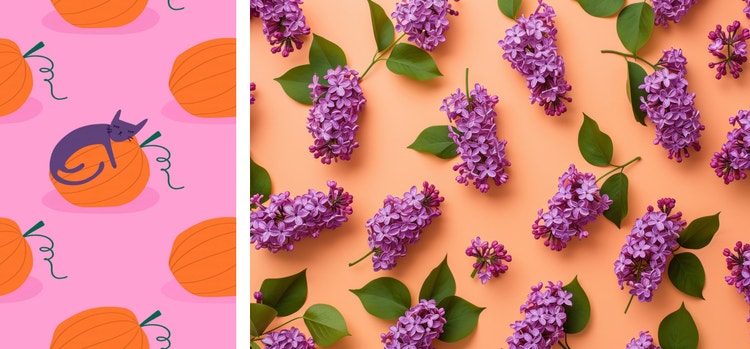 Image of cat on a pumkin and purple lilacs.