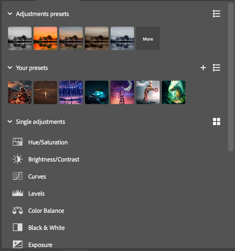 Adjustments presets, Your presets and Single adjustments.