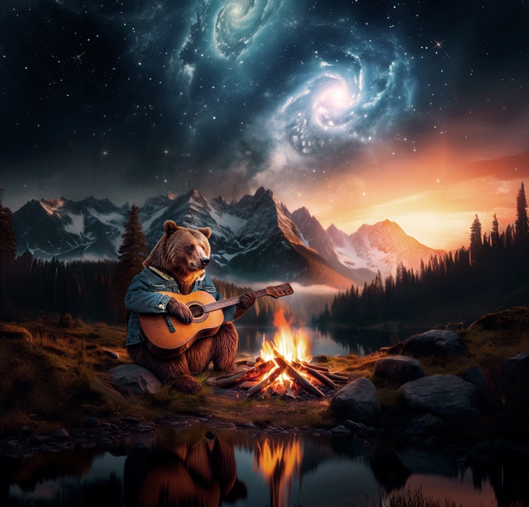 Image of a bear playing a guitar created using Text to Image in Photoshop.