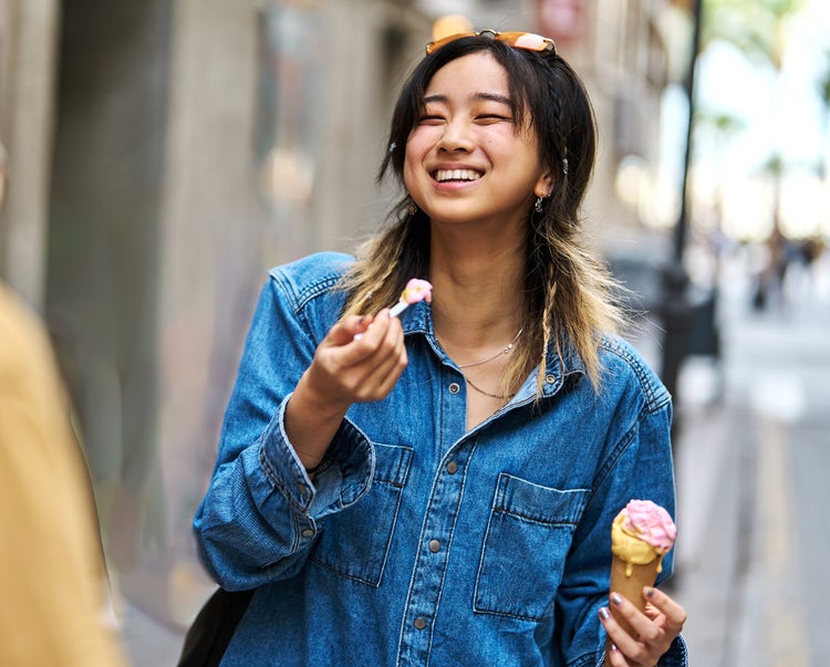 Woman eating icecream.