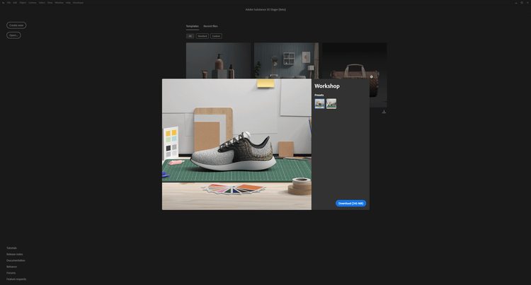 Rendering of shoe in Stager with 3D Assets scene template.