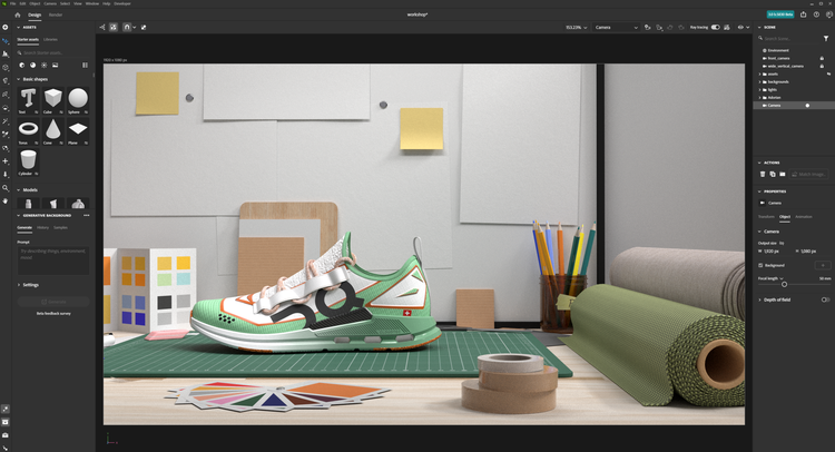 Rendering of shoe in Stager with 3D Assets scene template.