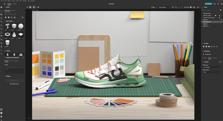 Rendering of shoe in Stager with 3D Assets scene template.