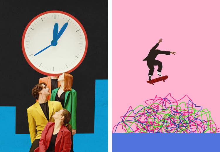 Collage of art, three people looking at a clock and a person skateboarding.