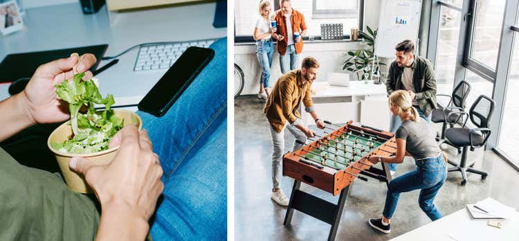 Collage of person holding food and a group playing fooseball.