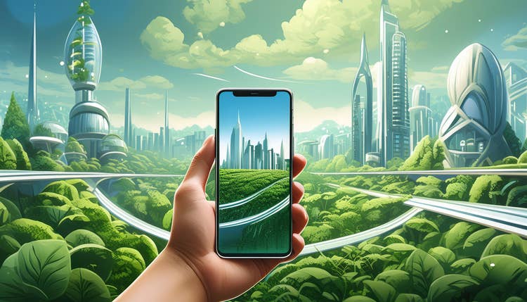 Image of a phone with a cityscape in the background.