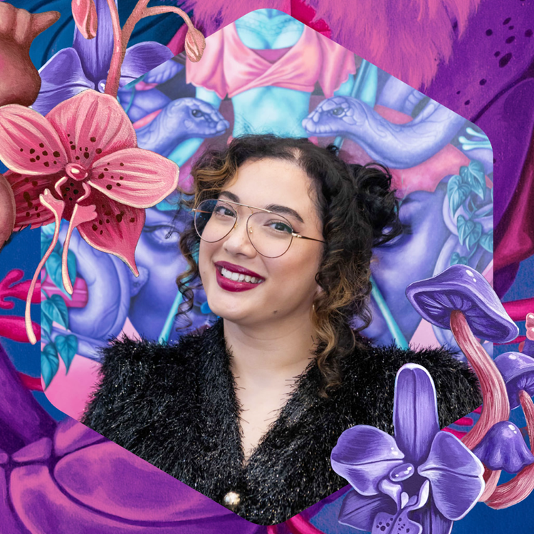 Headshot of Julia, surrounded by pink and purple flowers and other elements from her artwork.