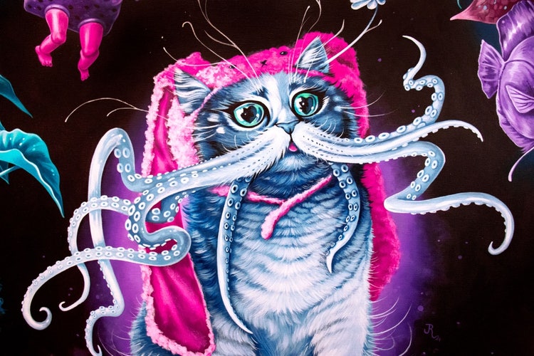 Painting of a cat with octopus tentacle whiskers and a pink beanie with rabbit ears