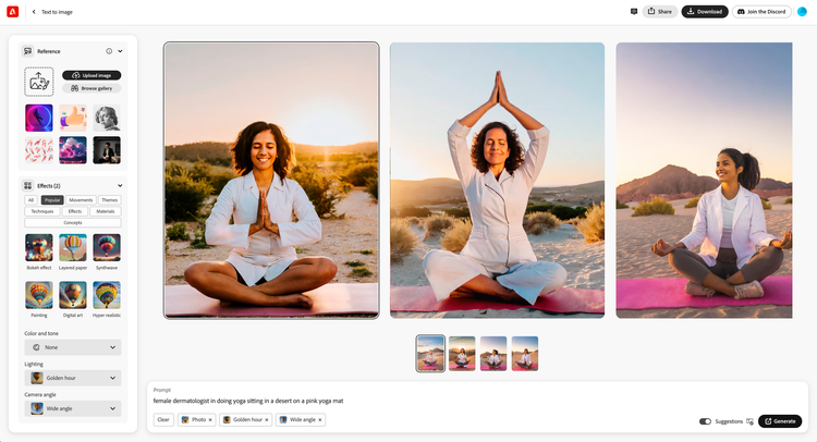 Images of a woman doing yoga created using Adobe Firefly images generated by Dave DiNuzzo, Head of Content, Havas Red US.