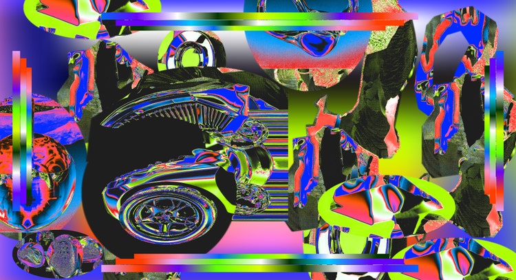 Abstract neon artwork with car parts