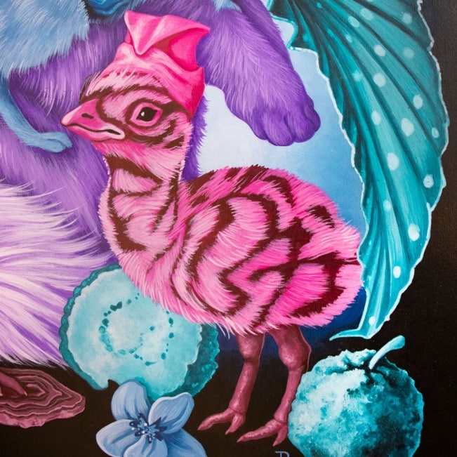 A painting of a pink fluffy chick wearing a hat