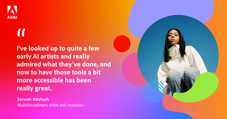 Quote from Serwah Attafuah: "I’ve looked up to quite a few early AI artists and really admired what they’ve done, and now to have those tools a bit more accessible has been really great."