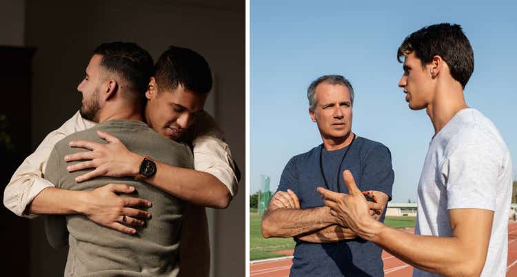 Two people embracing and an image of two people talking at a track.