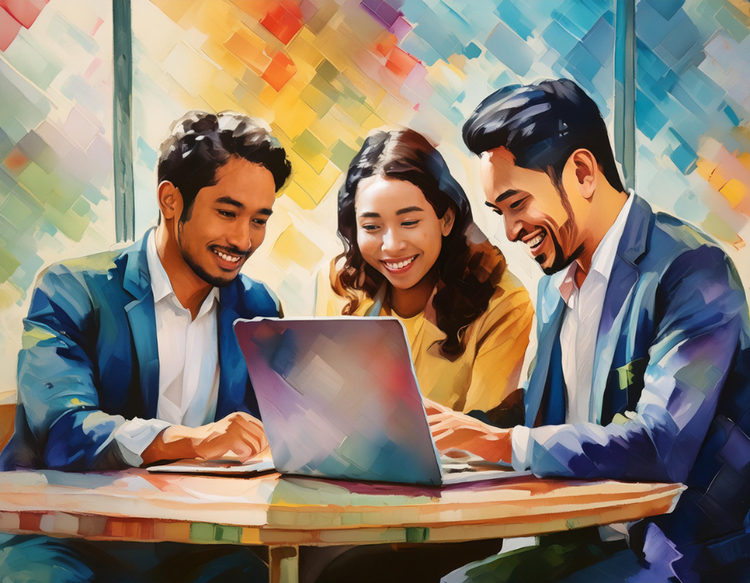 Illustration of three people looking at a laptop.