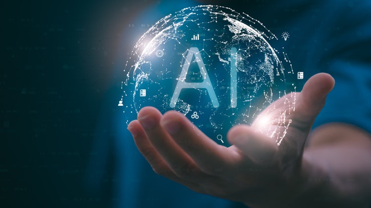 A person showing AI technology that connects information to various systems.