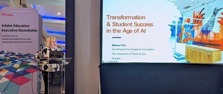 Image of a presentaion given by Melissa Vito, on screen says Transformation & Student Success in the Age of AI.