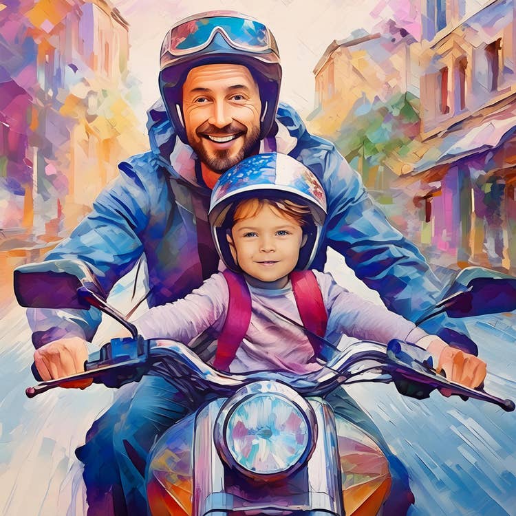 Illustration of man riding a motorcycle with boy.