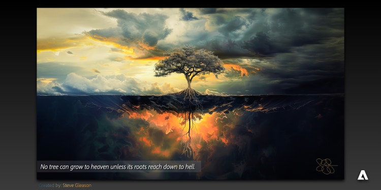 A realistic digital artwork of two worlds. In the upper half of the painting, a tree with sprawling branches stands against a stormy sky. The lower half exposes the tree’s roots extending into fiery depths. At the bottom are a quote “No tree can grow to heaven unless its roots reach down to hell”, the words “Created by: Steve Gleason”, and the Adobe logo.