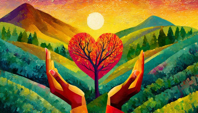 Colorful image of a tree with a heart and hands surrounding it.