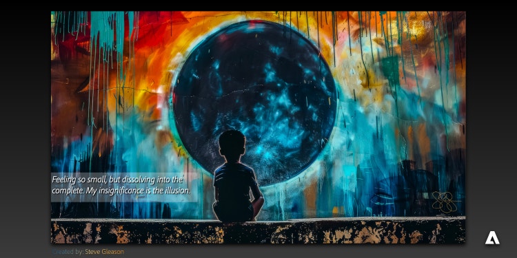 A digital painting of a silhouette of a person sitting and gazing into a large, circular portal showing a cosmic scene of stars and nebulae. The portal is set against an abstract background with streaks of red, orange, yellow, and blue paint. At the bottom are a quote “Feeling so small, but dissolving into the complete. My insignificance is the illusion.”, the words “Created by: Steve Gleason”, and the Adobe logo.