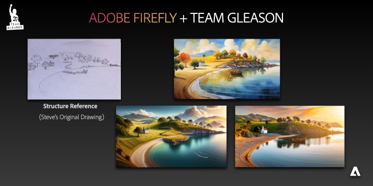 A loose grid of one reference image and three AI generated images. The structure reference image is Steve’s original black and white drawing of a boat near a shore. Along the shore is a hill lined with trees. The AI generated images are colored, illustrated variations of the reference image. Above the image are the words “Adobe Firefly + Team Gleason”.