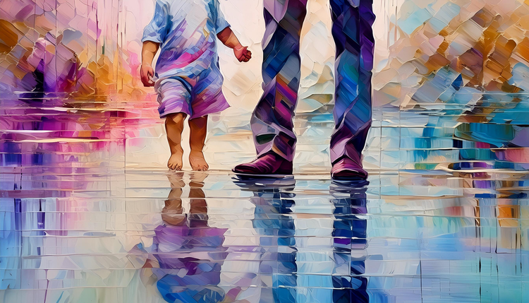 Abstracts of the legs of a father and daughter walking together.