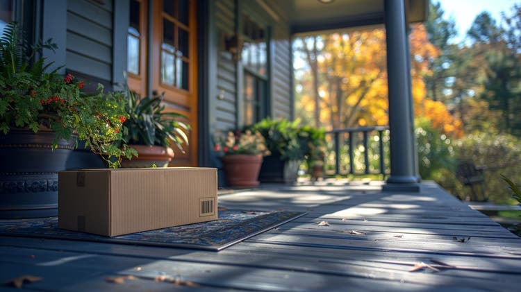 Cardboard package placed on the porch of a house.